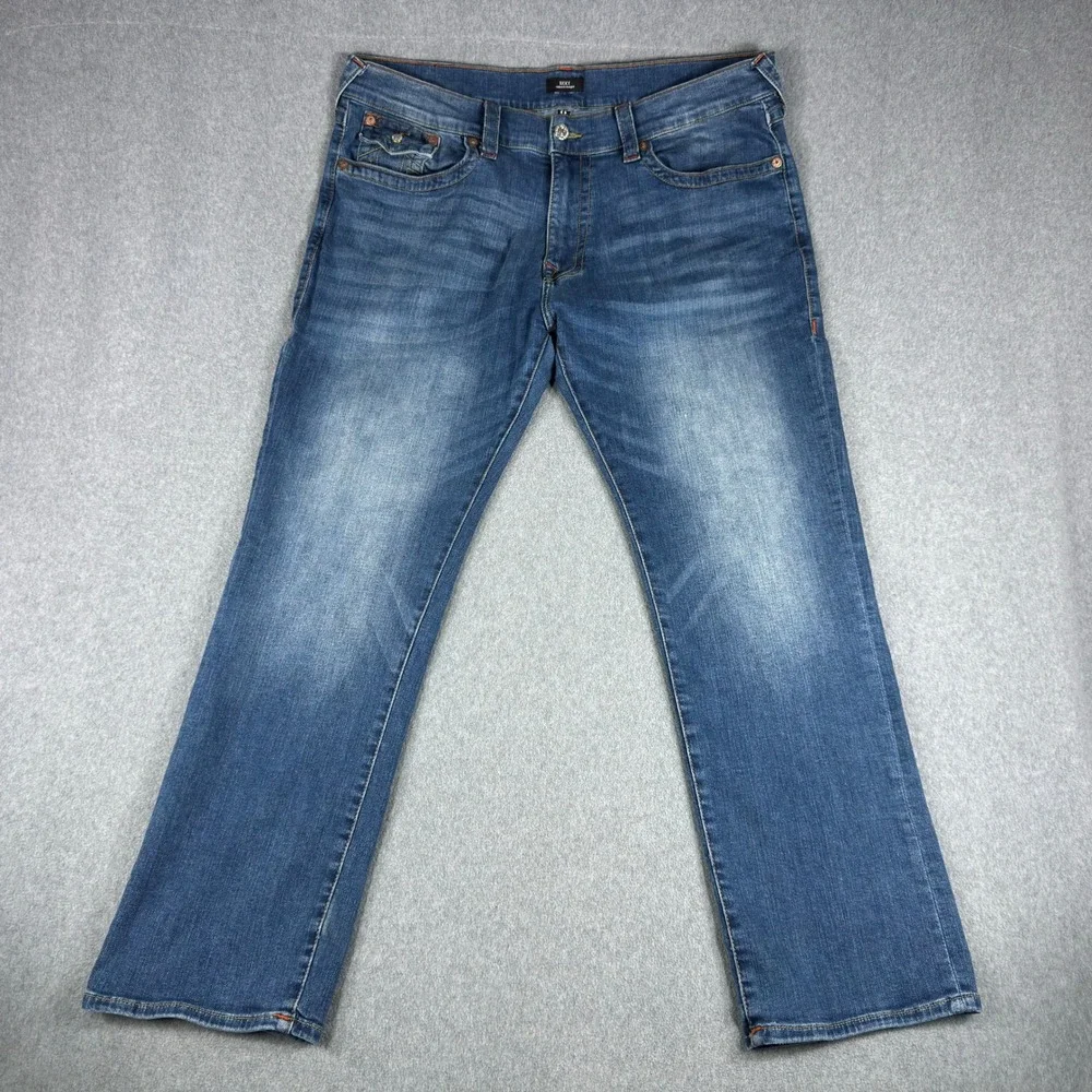 True Religion Jeans Mens 42x32 Blue Ricky Relaxed Straight Flap Pockets Denim